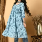 Cerulean Blue Sanganeri Print Alia Cut Kurta Set