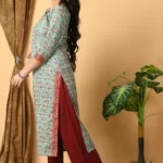 Teal Red Floral Sanganeri Print Kurta
